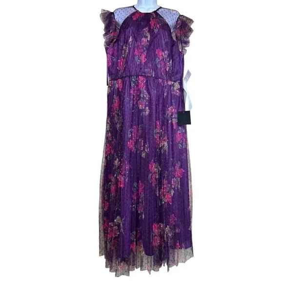 Mac Duggal Dresses & Skirts - Mac Duggal Leena Cap Sleeve Floral A Line Dress Pleated Dot Tulle Womens Size 8